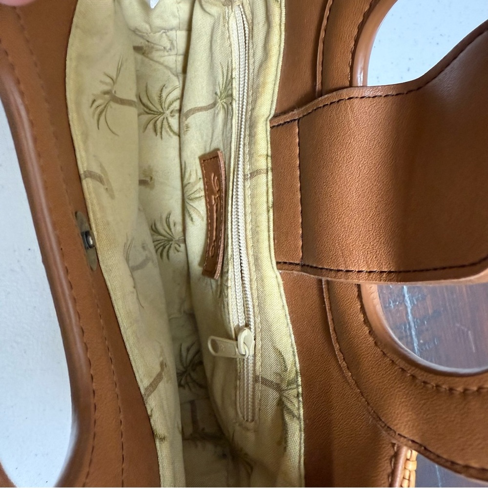 Fossil Handbag Brown Leather with Woven Raffia Double Handles Lined Purse Y2K - Picture 4 of 14